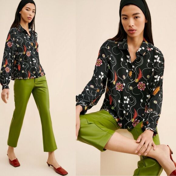 Anthropologie | Scotch & Soda Printed Balloon Sleeve Button Front Shirt Black M - Picture 2 of 12